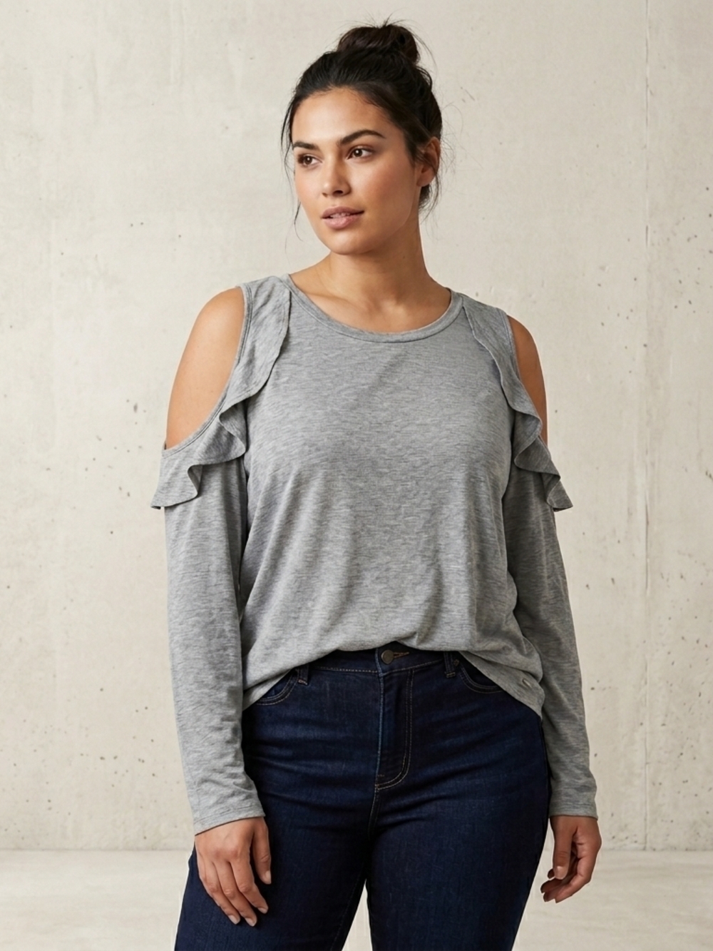 MICHAEL Michael Kors Gray Cold-Shoulder Ruffle Long-Sleeve Top